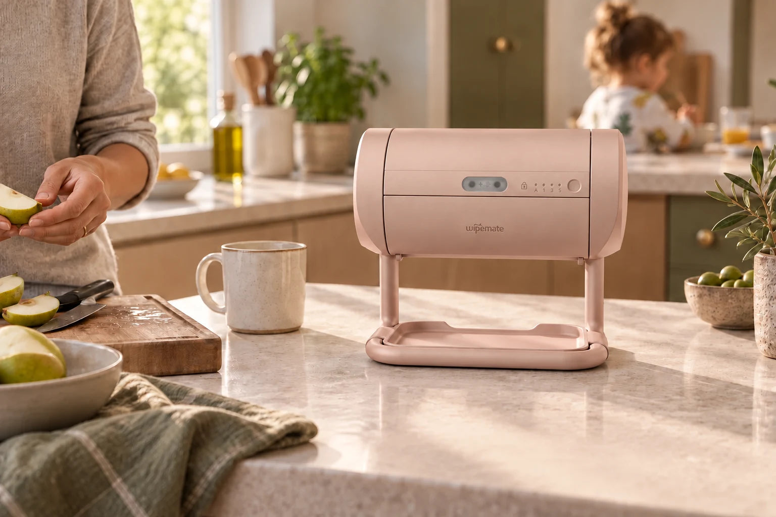 Rose Gold Wipemate beside an everyday kitchen routine