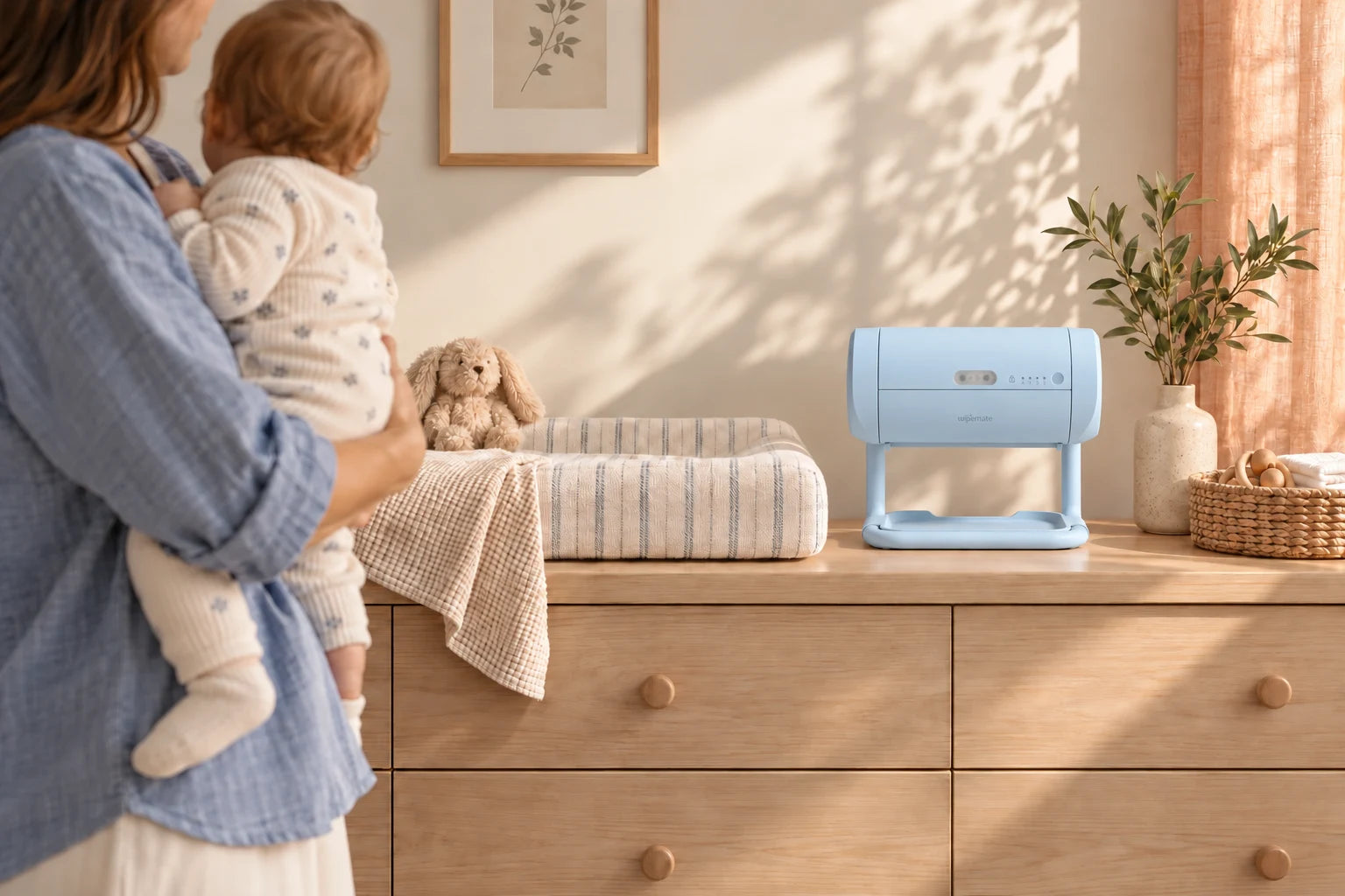 Wipemate beside a changing pad while a parent holds a baby