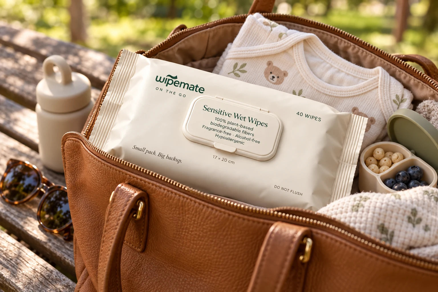 Wipemate flow pack in a diaper tote at the park