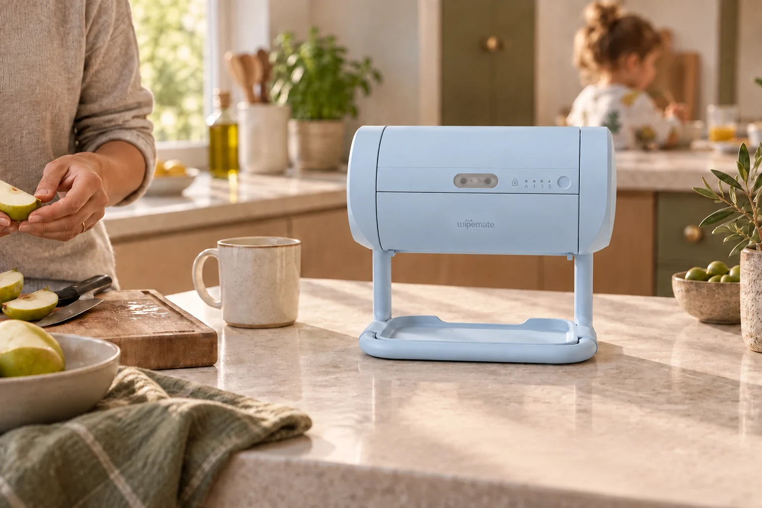 Powder Blue Wipemate on its stand in a family kitchen