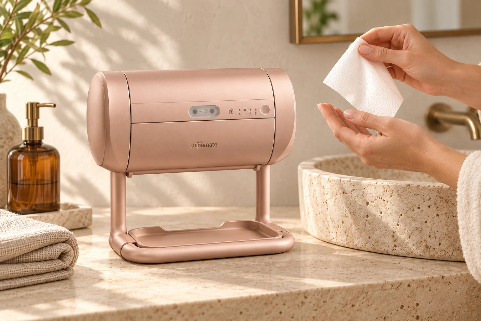 Rose Gold Wipemate beside a vanity