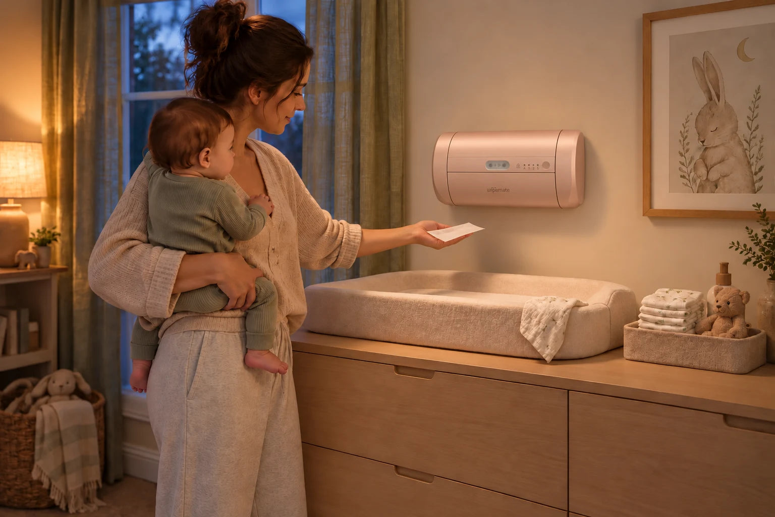 Wall-mounted Rose Gold Wipemate beside a real nursery changing station during the bedtime routine