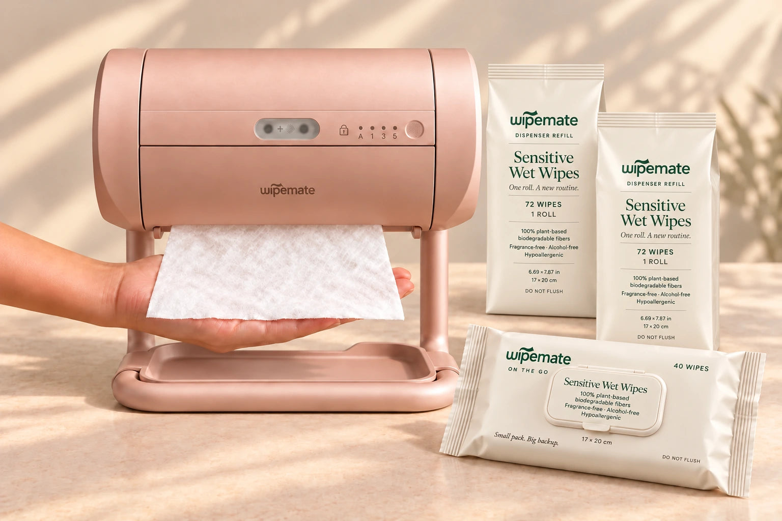 Rose Gold Wipemate delivering a flat wipe beside two smooth 72-wipe refill bags and a 40-count travel pack