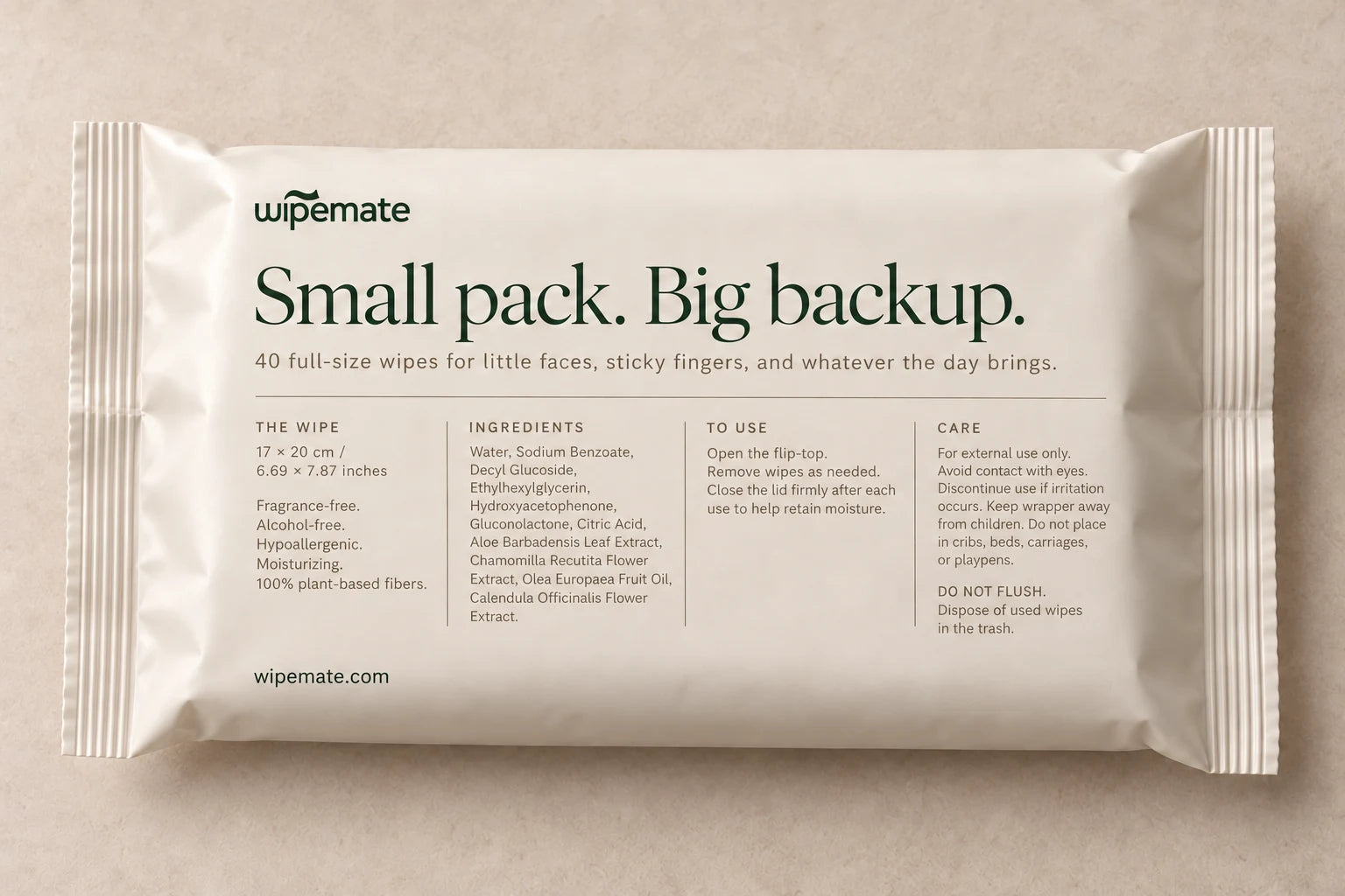 Wipemate40-count back-panel concept with ingredients and flip-top directions