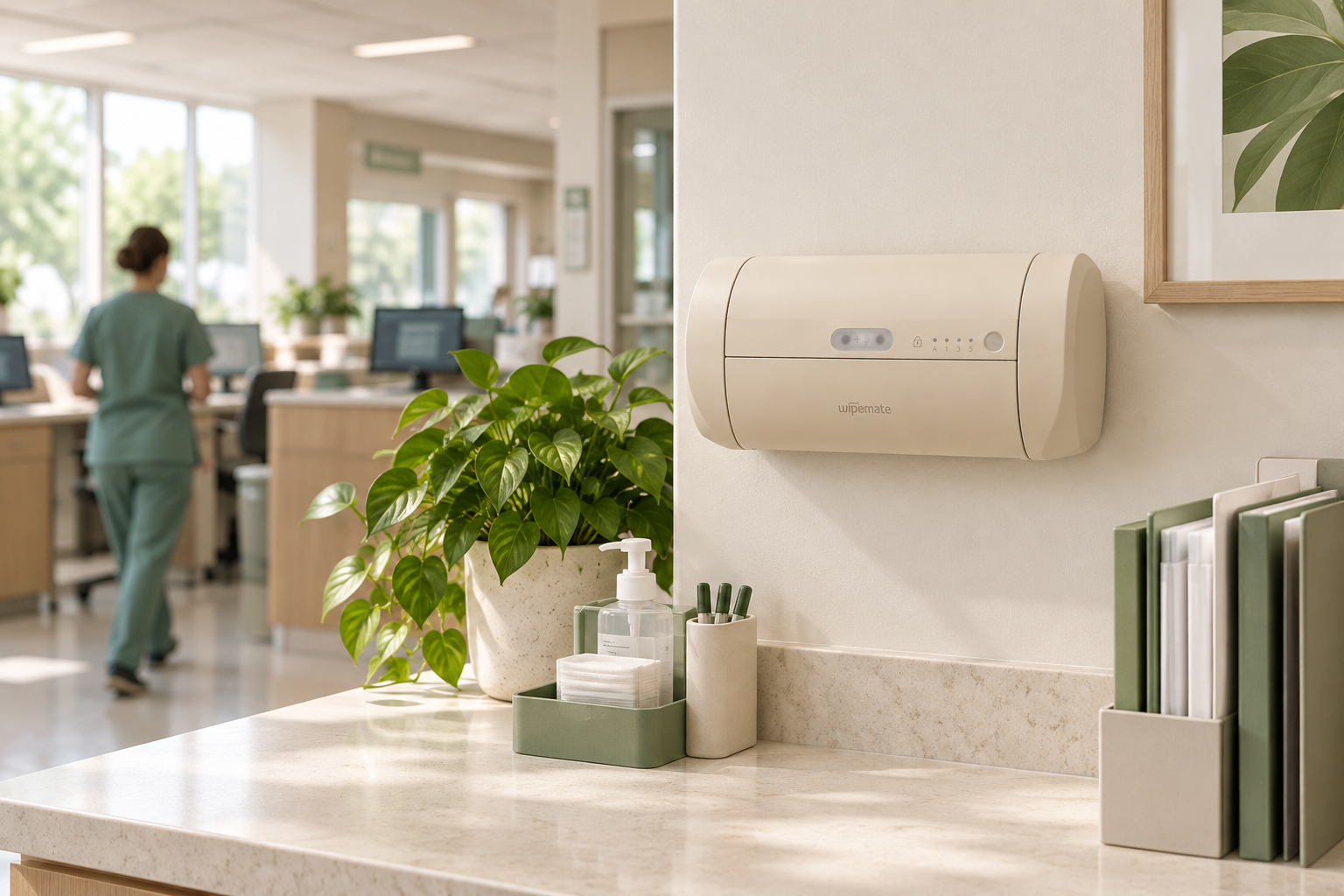 Future application concept showing a Porcelain Wipemate at a healthcare staff workstation