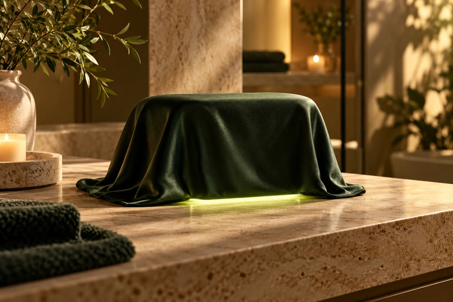 A mystery product concealed in forest green satin on a bathroom vanity; conceptual launch teaser