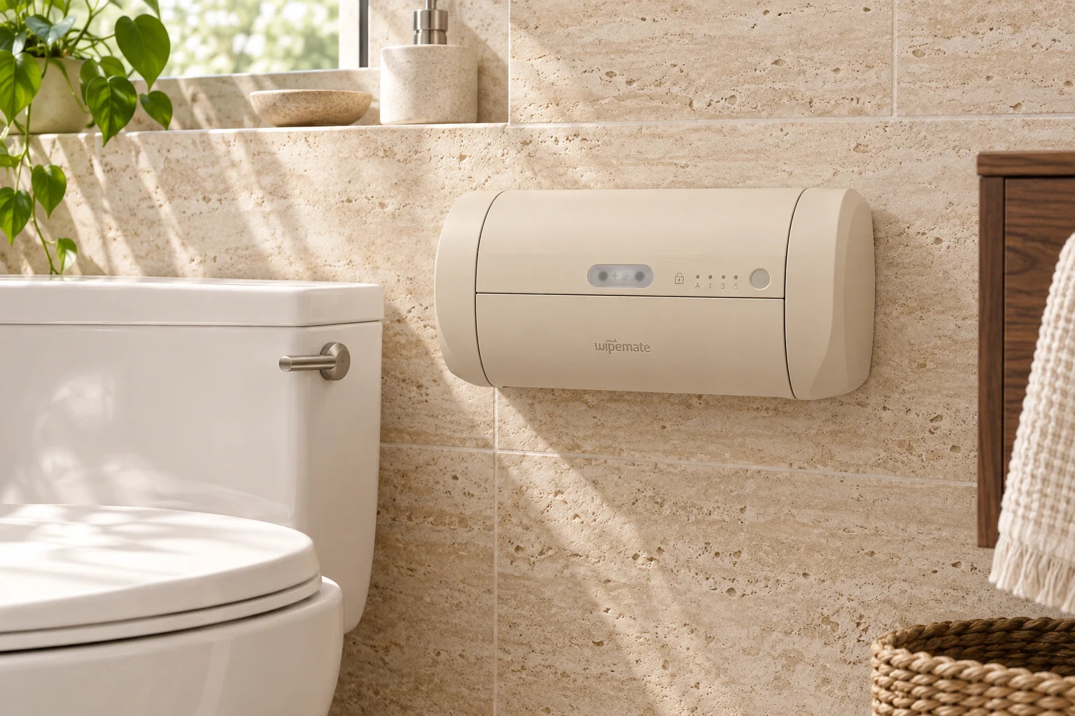 Oat Wipemate mounted beside a bathroom routine