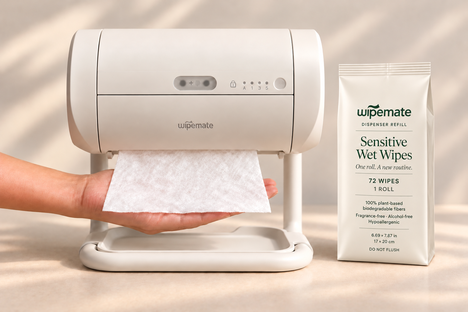 Porcelain Wipemate delivering a flat wipe into an open hand beside its refill bag