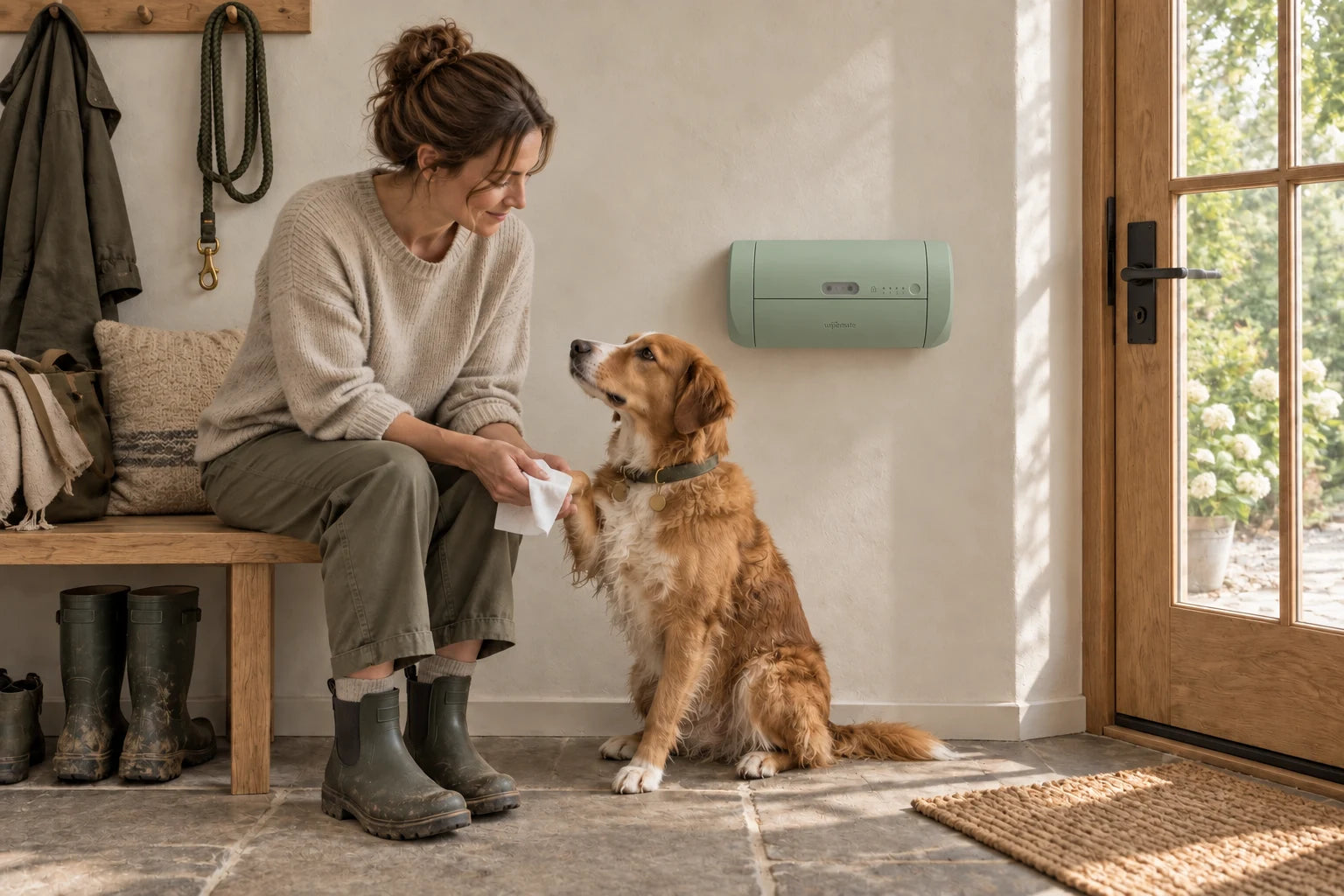 Olive Wipemate at an entryway with a dog