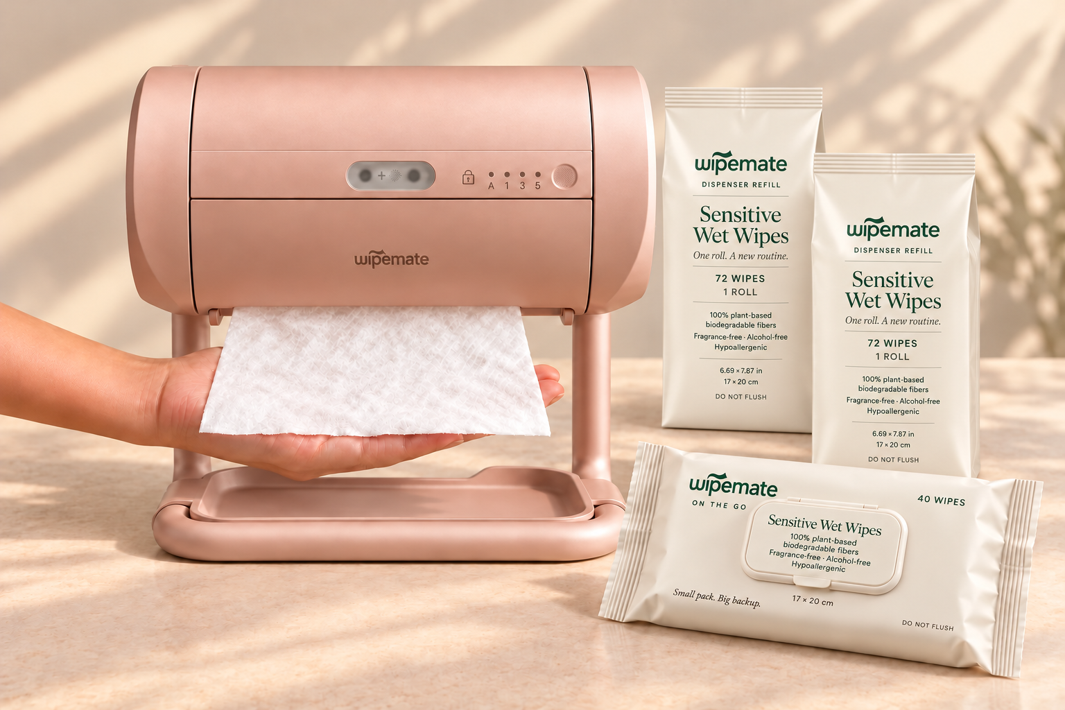 Rose Gold Wipemate with two refill bags and an optional travel pack
